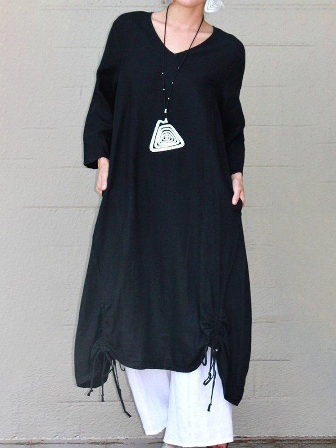 Black Paneled Shift 3/4 Sleeve V Neck Dresses