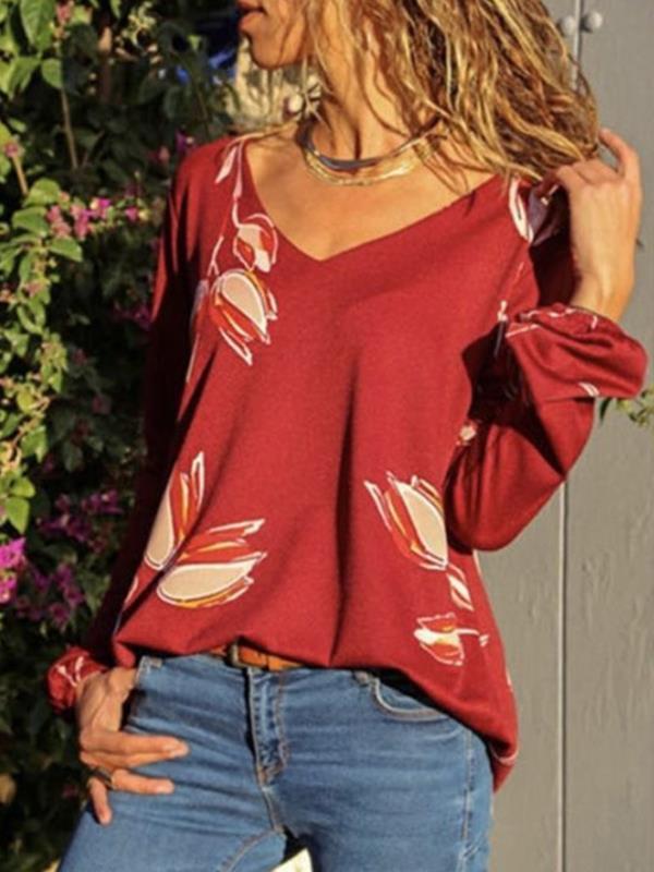 Chic Casual V neck Printed Women long sleeve T-shirts