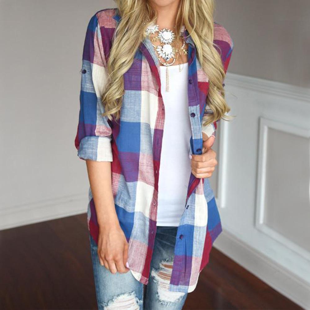 Women Lapel Long sleeve Plaid Blouses