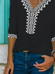 Paisley Half Sleeve  Printed  Cotton-blend V neck  Vintage  Summer  Black Top