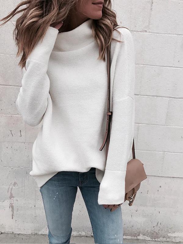 White Long Sleeve High Neck Women Warm Sweater