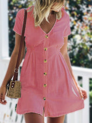 Sexy v-neck short sleeve button Skater Dresses