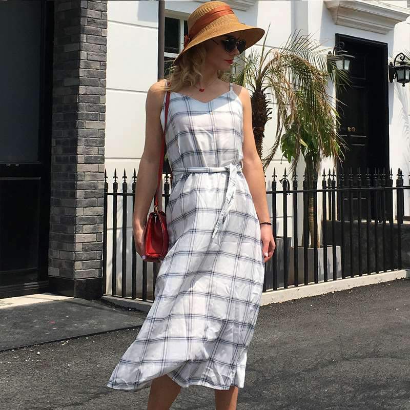 Casual V neck Vest Plaid Skater Dresses