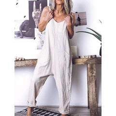 Casual Loose Pure V neck Vest Sleeveless Jumpsuits