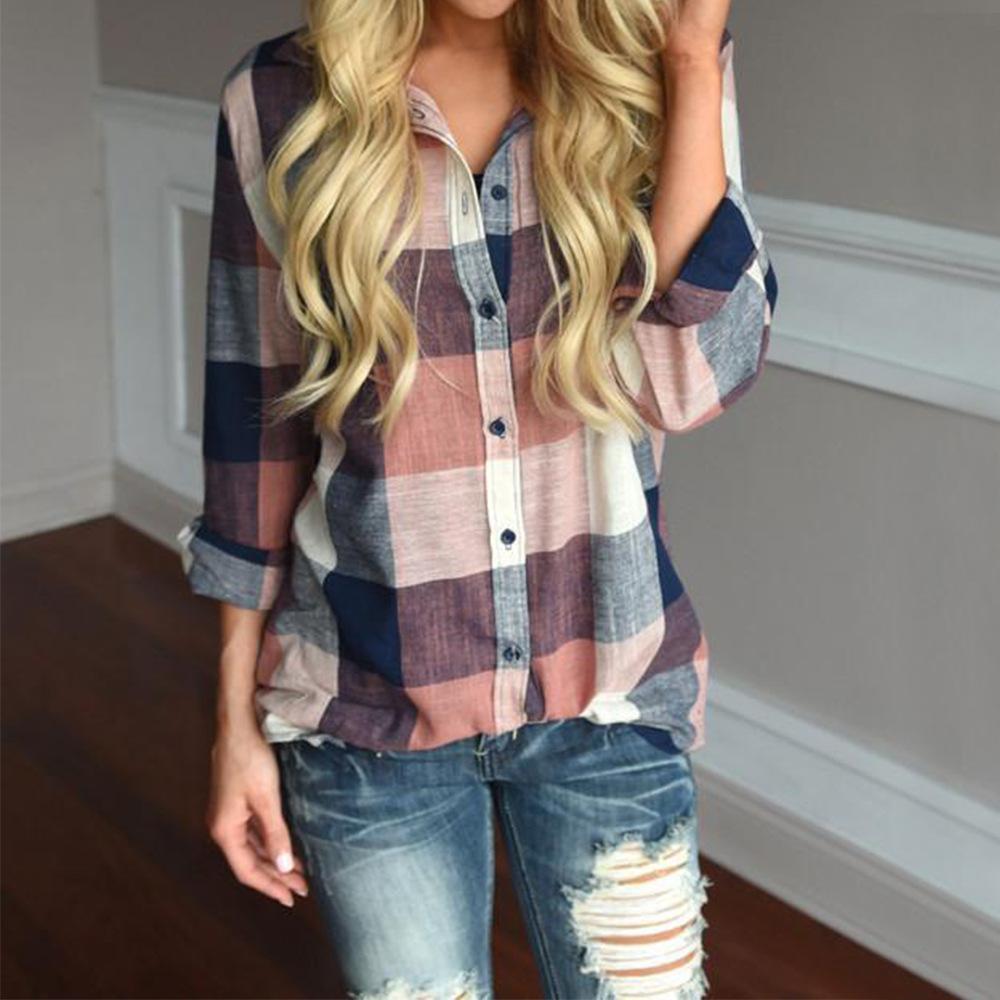 Women Lapel Long sleeve Plaid Blouses