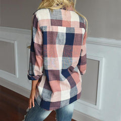 Women Lapel Long sleeve Plaid Blouses