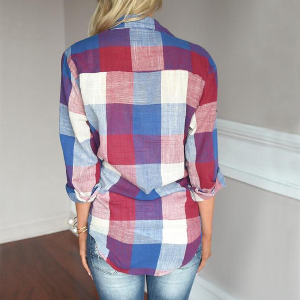 Women Lapel Long sleeve Plaid Blouses