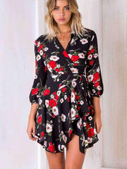 Fashion Print Three quarter sleeve V neck Skater Dresses