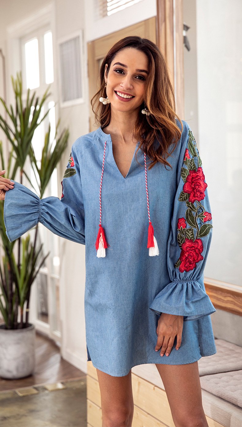 Autumn Long sleeve V neck Embroidery Shift Dresses