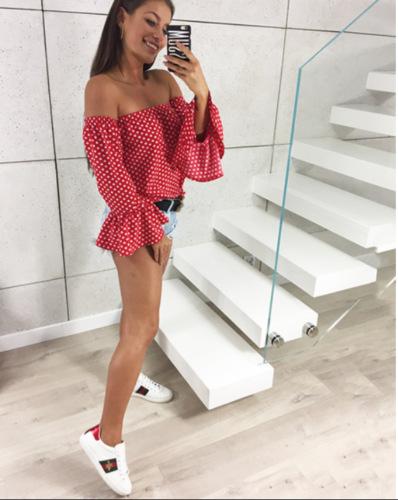 Off-The-Shoulder Puff Sleeve Polka Dot Print Blouses