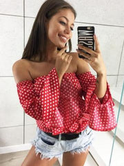 Off-The-Shoulder Puff Sleeve Polka Dot Print Blouses