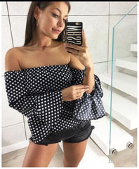 Off-The-Shoulder Puff Sleeve Polka Dot Print Blouses