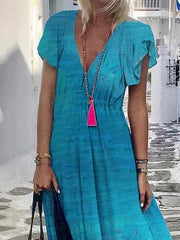 Casual Printed V Neck Short Sleeve Dresses