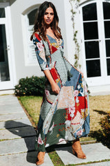 Fashion Print V neck Lacing Half sleeve Maxi Dresses