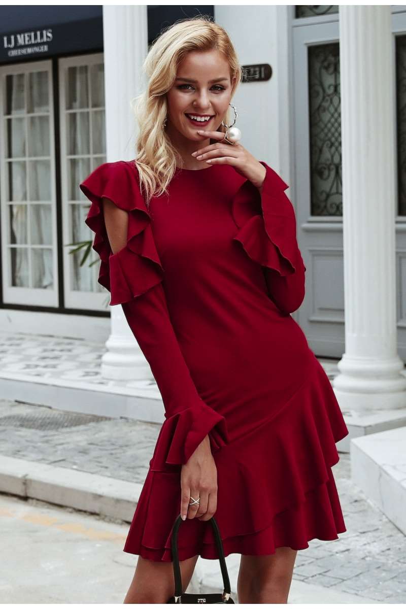 Sexy Pure Round neck Off shoulder Long sleeve Falbala Bodycon Dresses