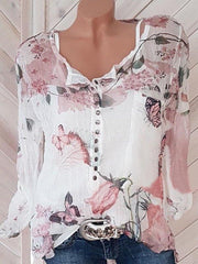 Square Neck Decorative Button Floral Printed Blouses