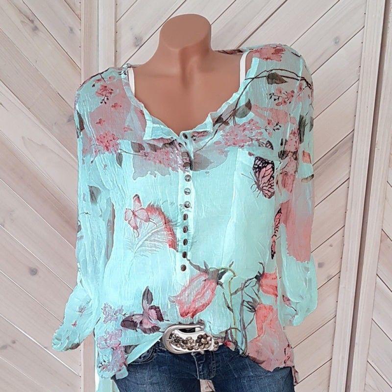 Square Neck Decorative Button Floral Printed Blouses