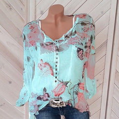 Square Neck Decorative Button Floral Printed Blouses