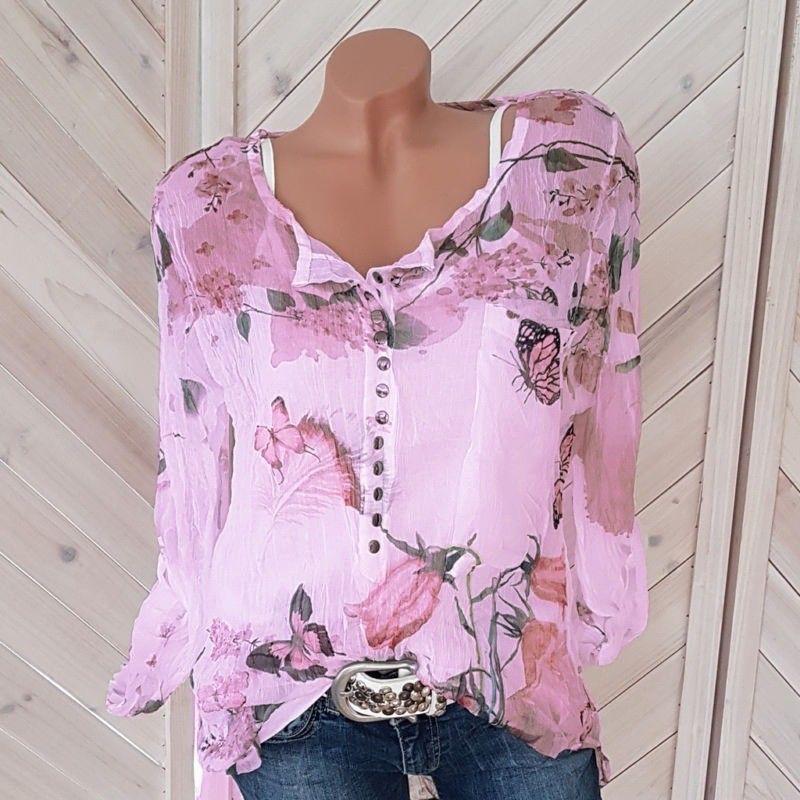 Square Neck Decorative Button Floral Printed Blouses