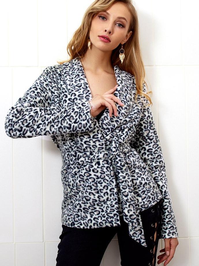 New Fashion  Leopard print Long  sleeve Waistband Coats