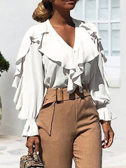 Chiffon V neck Stylish Womenlong sleeve blouses