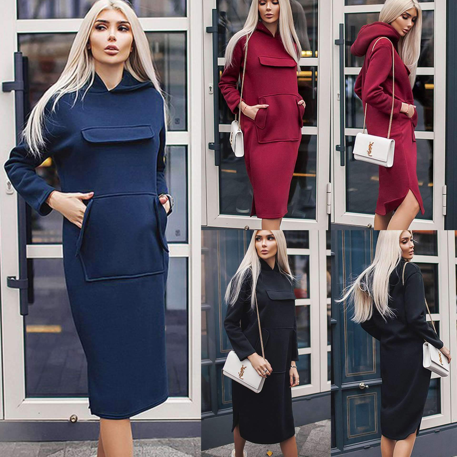 Casual Loose Pure Pocket Hoodies & Sweatshirts Maxi Dresses