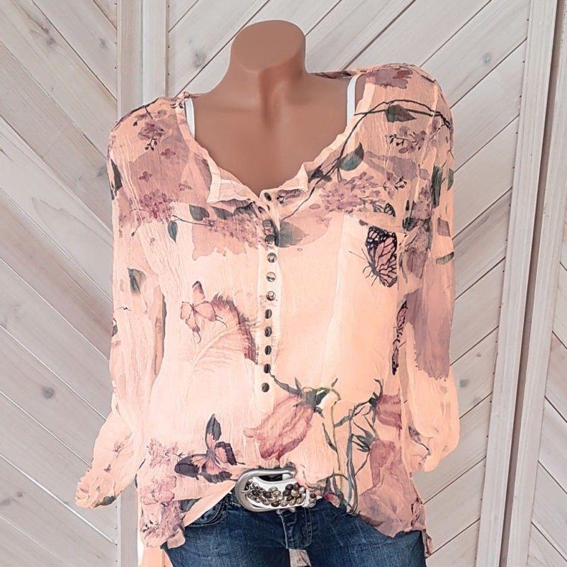 Square Neck Decorative Button Floral Printed Blouses