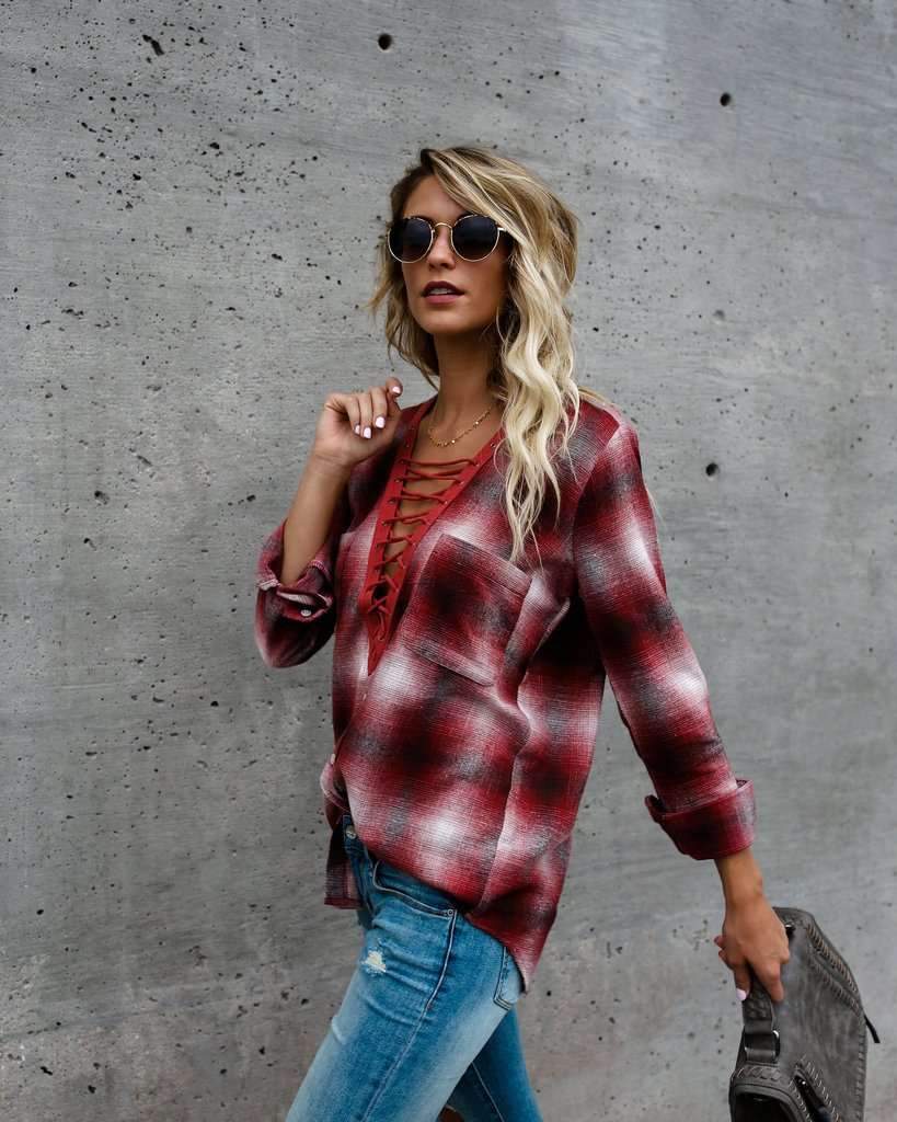 Sexy V neck Plaid Long sleeve Lacing Blouses