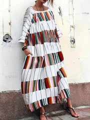 Bohemia Long Sleeves Striped Loose Woman Maxi Dress