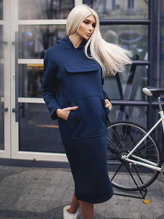 Casual Loose Pure Pocket Hoodies & Sweatshirts Maxi Dresses