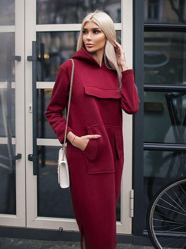 Casual Loose Pure Pocket Hoodies & Sweatshirts Maxi Dresses