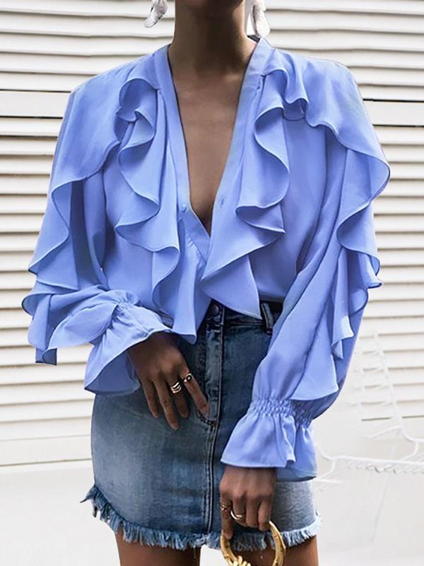 Chiffon V neck Stylish Womenlong sleeve blouses