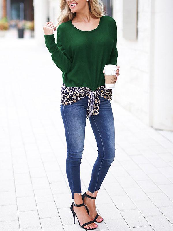 Spring Leopard Print Matching Loose Round Collar Long Sleeve T-shirt