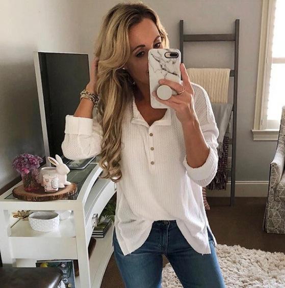 Fashion Button Long Sleeve Plain T-Shirts