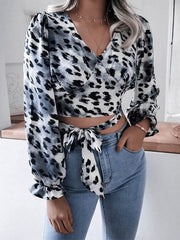 V neck leopard printed women tie bowknot waisted long sleeve blouses