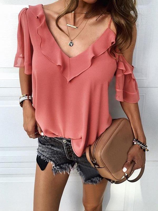 Chiffon blouse irregular lotus collar Plain Blouses