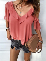 Chiffon blouse irregular lotus collar Plain Blouses