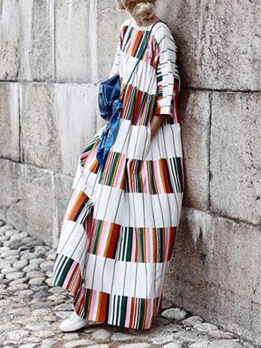 Bohemia Long Sleeves Striped Loose Woman Maxi Dress