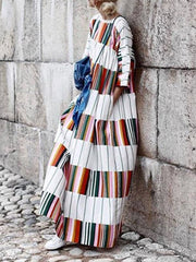 Bohemia Long Sleeves Striped Loose Woman Maxi Dress