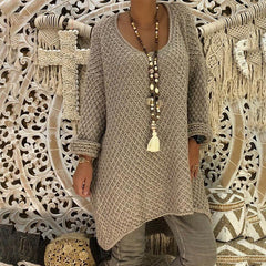 Round Neck Long Sleeve Asymmetrical Hem Knitting Sweaters