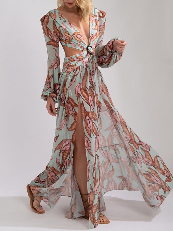 Sexy Printed Lantern Long Sleeve V-Neck Slit Dress Vacation dresses