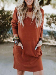 Loose Pure Long sleeve V neck Shift Dresses