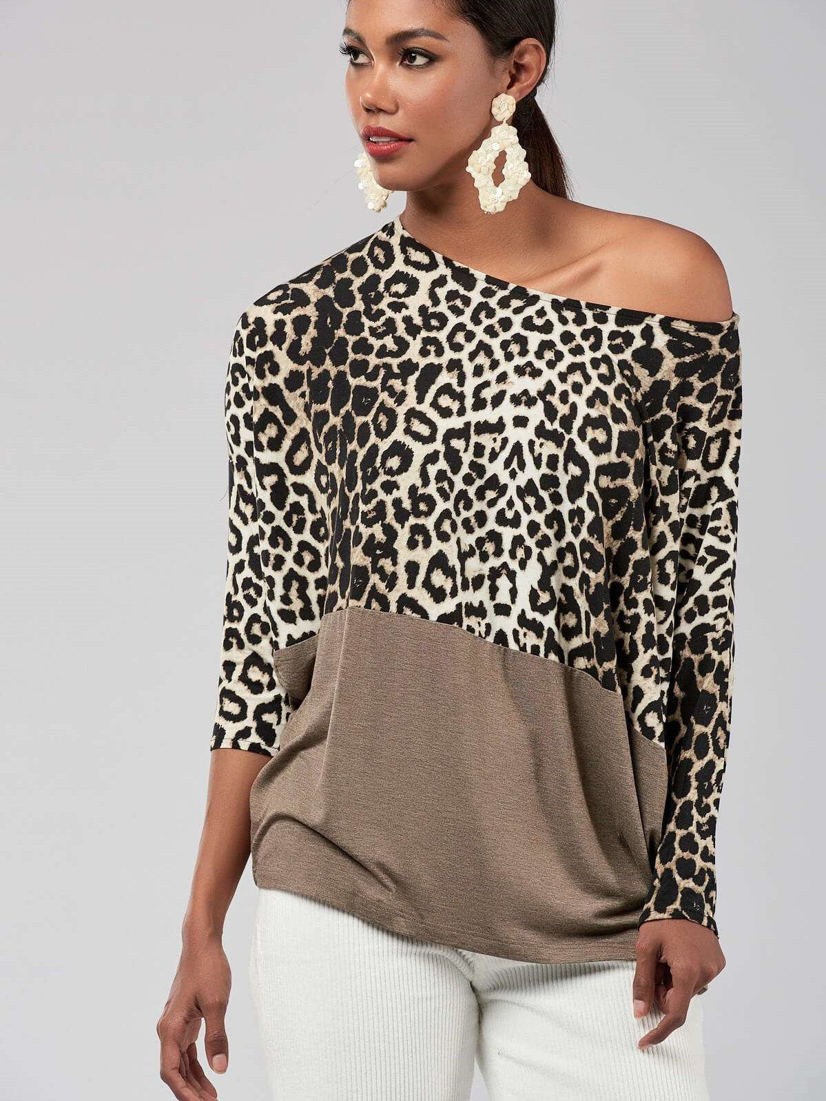 Casual Leopard print Gored Long sleeve T-Shirts