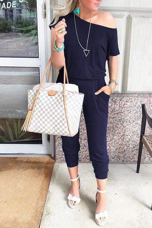 Sloping shoulder Multicolor Short sleeve Jumpsuits