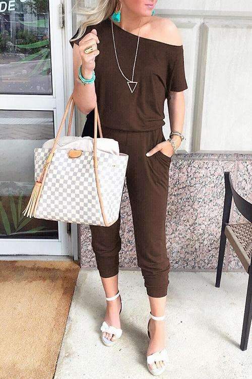 Sloping shoulder Multicolor Short sleeve Jumpsuits