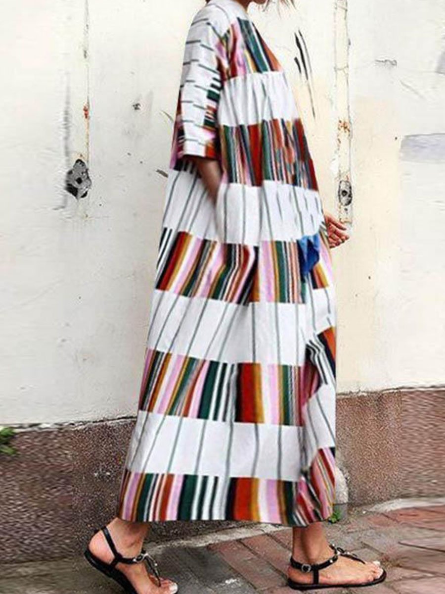 Bohemia Long Sleeves Striped Loose Woman Maxi Dress