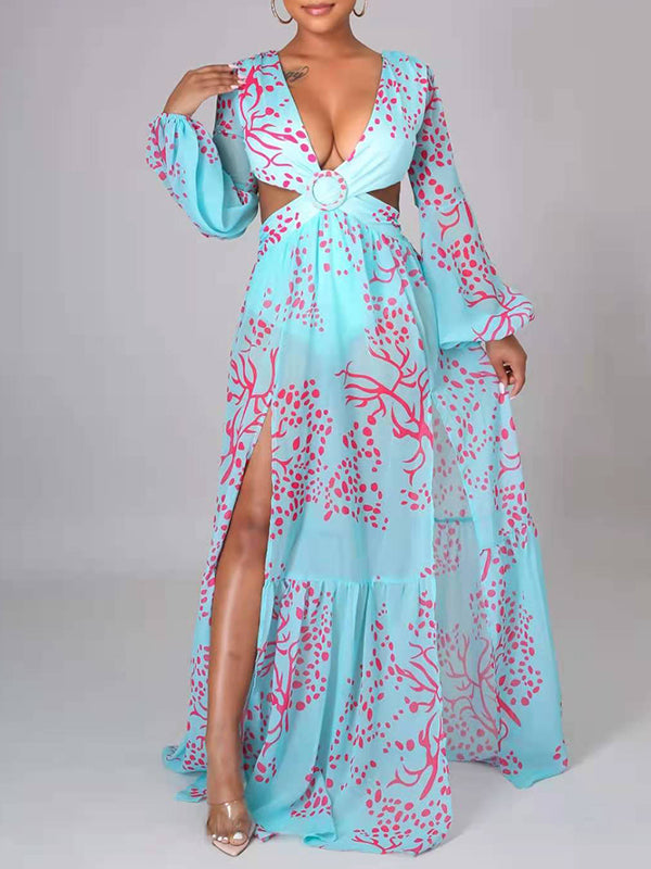 Sexy Printed Lantern Long Sleeve V-Neck Slit Dress Vacation dresses