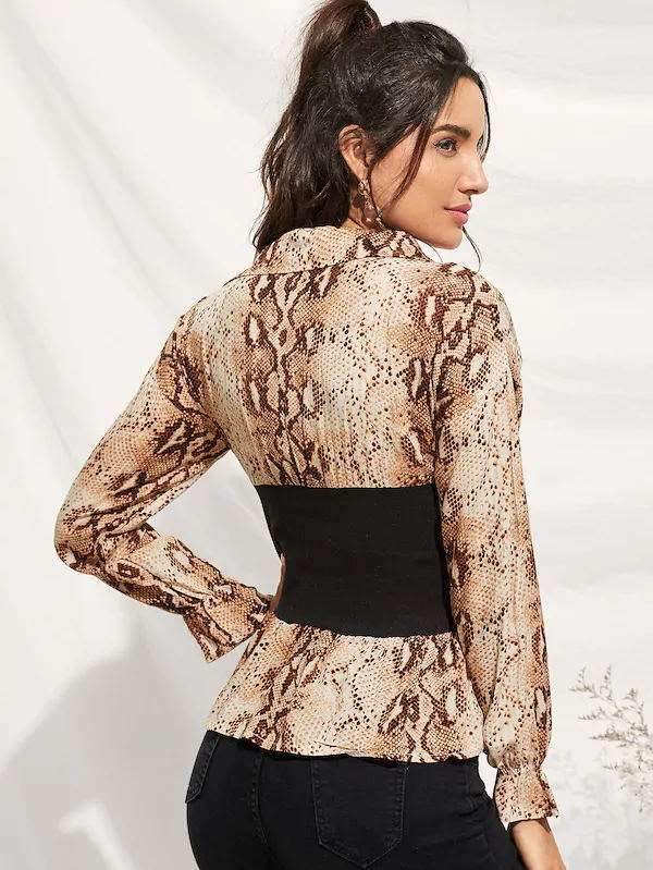 Sexy Serpentine Print Gored Blouses