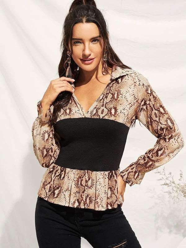 Sexy Serpentine Print Gored Blouses