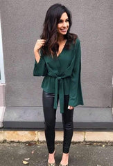 Fashion Elegant Lacing V neck Long sleeve Blouses